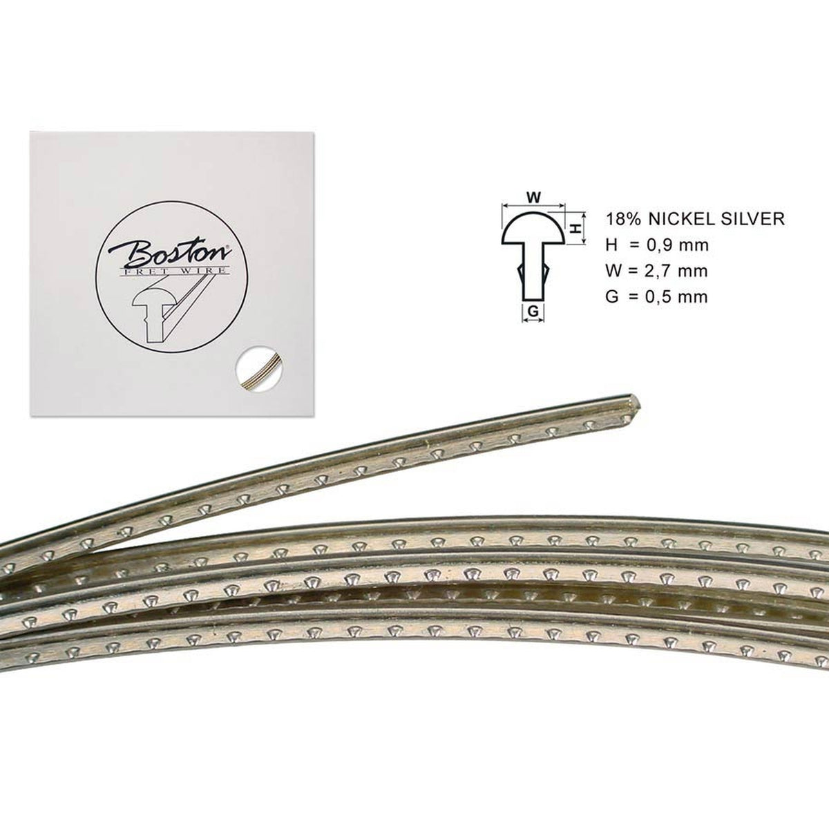 Boston FW-0927058 fretwire, 5 m., 18% nickel silver, h=0,9 w=2,7 g=0,5mm, alternative for 6130, med. jumbo, vintage L