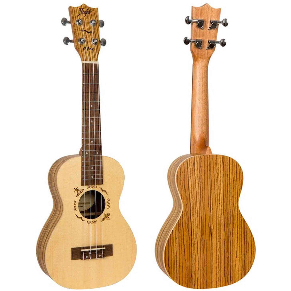 Flight DUC525 SP/ZEB Concert Ukulele met Solid Spruce Top, Zebrawood Body, Bone Topkam en Aquila Super Nylgut Snaren