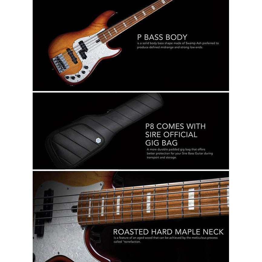 Sire P8 S4/TS Marcus Miller 4-snarige actieve basgitaar Tobacco Sunburst