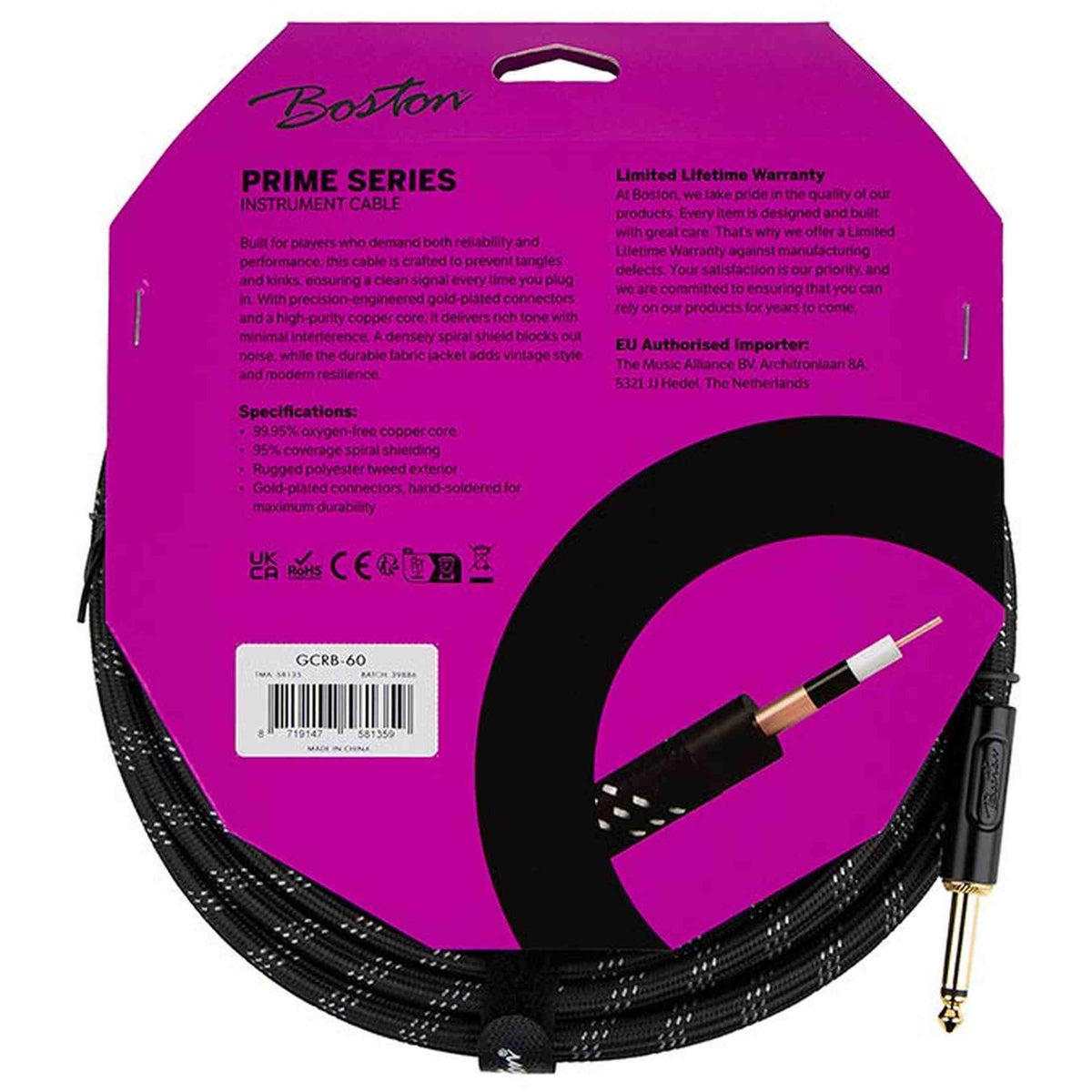 Boston GCRB-60 Prime Series woven jacket instrumentkabel jack-jack 6 meter black tweed