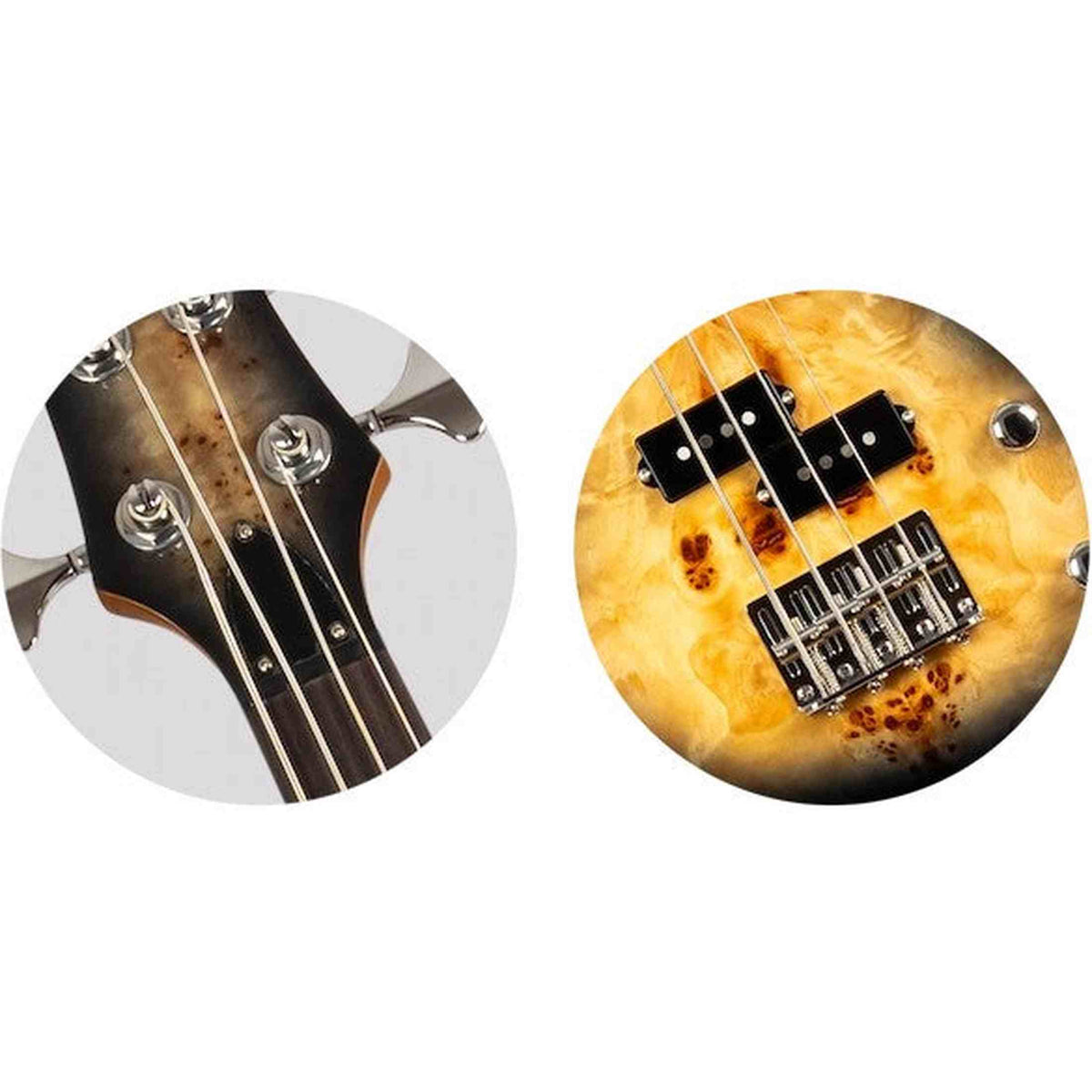 Flight Mini Bass PBR Elektrische Mini Bas Ukulele met Poplar Burl Top, Mahonie Body en Alnico 5 Pickup