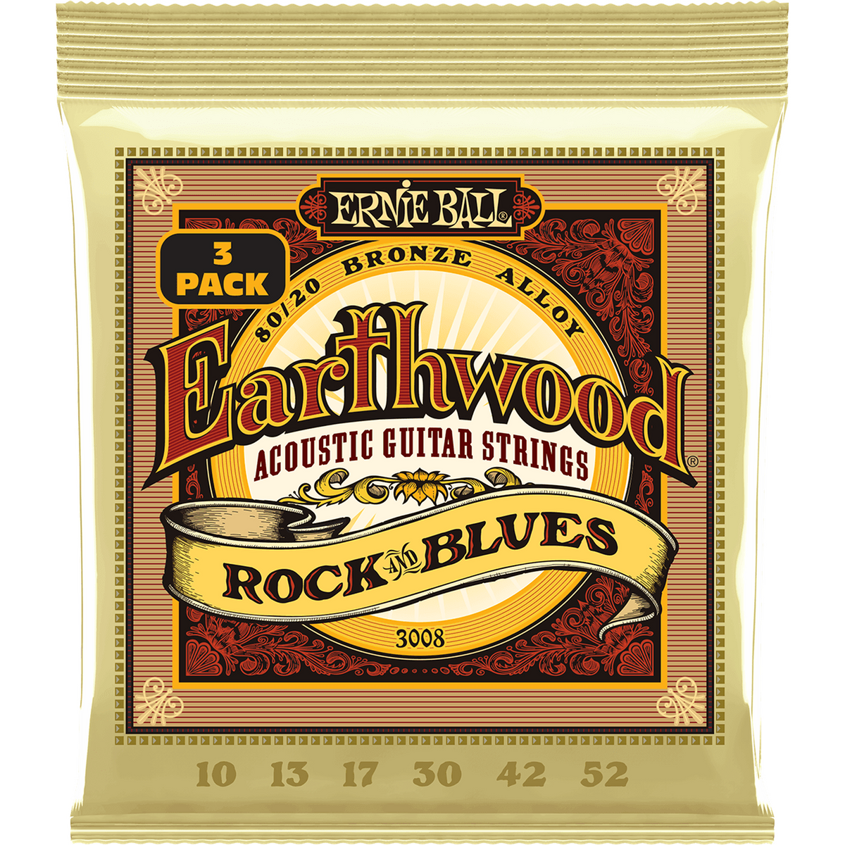 Ernie Ball 3008 Akoestische Gitaarsnaren 80/20 Brons Rock & Blues 10–52 3-Pack