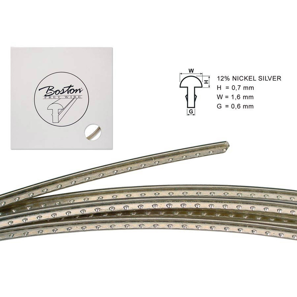 Boston FW-0716062 fretwire, 5 m., 12% nickel silver, h=0,7 w=1,6 g=0,6mm, alternative for 6300