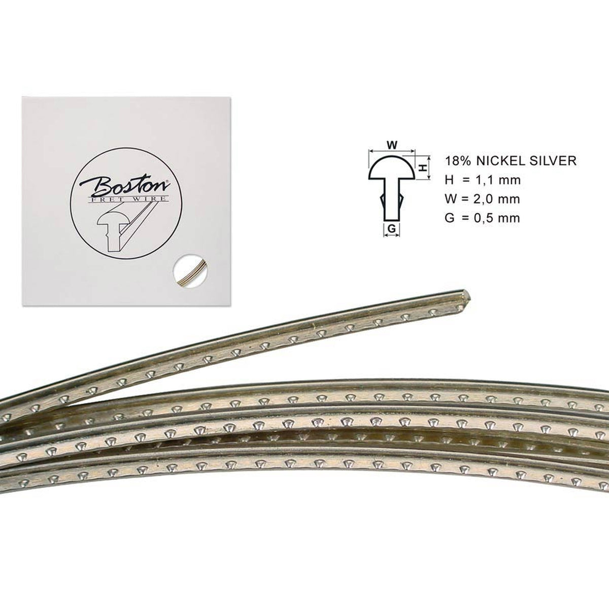 Boston FW-1120058 fretwire, 5 m., 18% nickel silver, h=1,1 w=2,0 g=0,5mm, alternative for 6230, vintage ST and TE