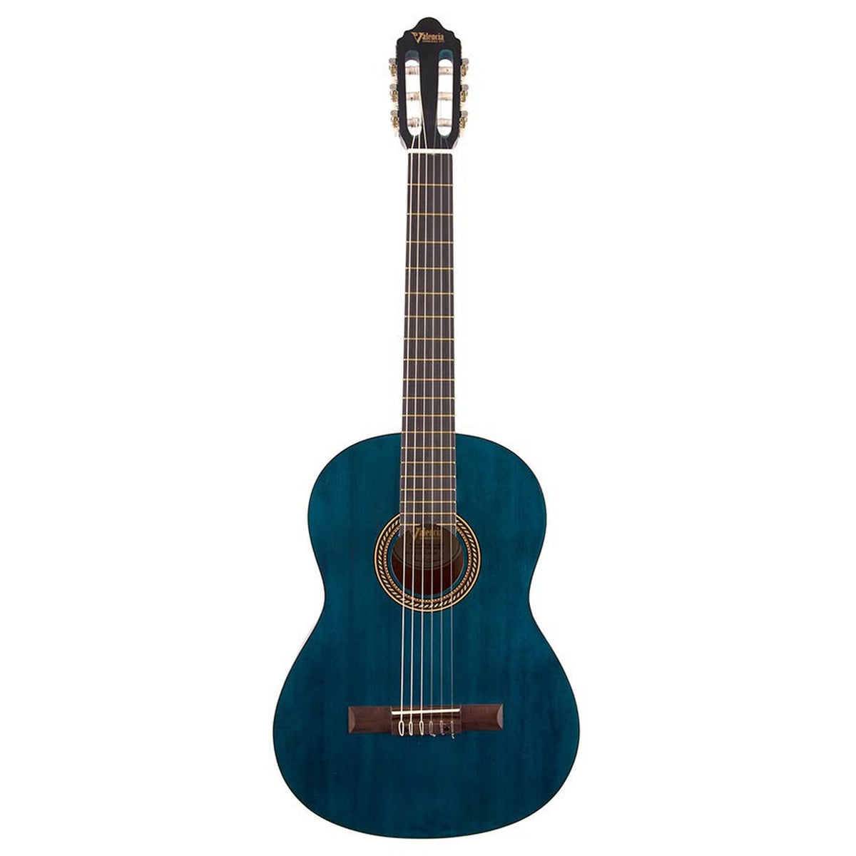 Valencia VC204TBU klassieke gitaar 4/4, sitka sparren top, nato zij- & achterblad, transparant blauwe finish