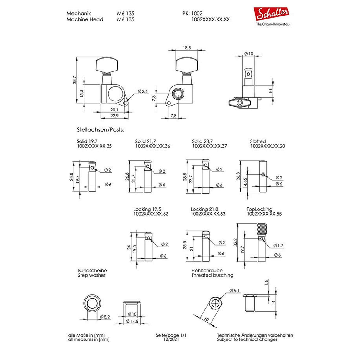 Schaller 0202200150 Stemmechanieken 6L met small metal pegs, staggered locking shaft, chroom