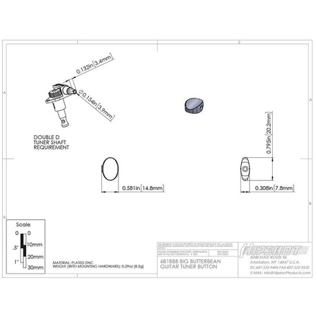 Hipshot HS6B1BBBC Big Butter Bean Stemknop voor Gitaarmechaniek Chrome, per stuk
