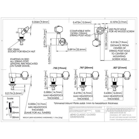 Hipshot HS6K1EN0SST Gitaar tuner upgrade kit, 6 inline classic, closed satin staggered