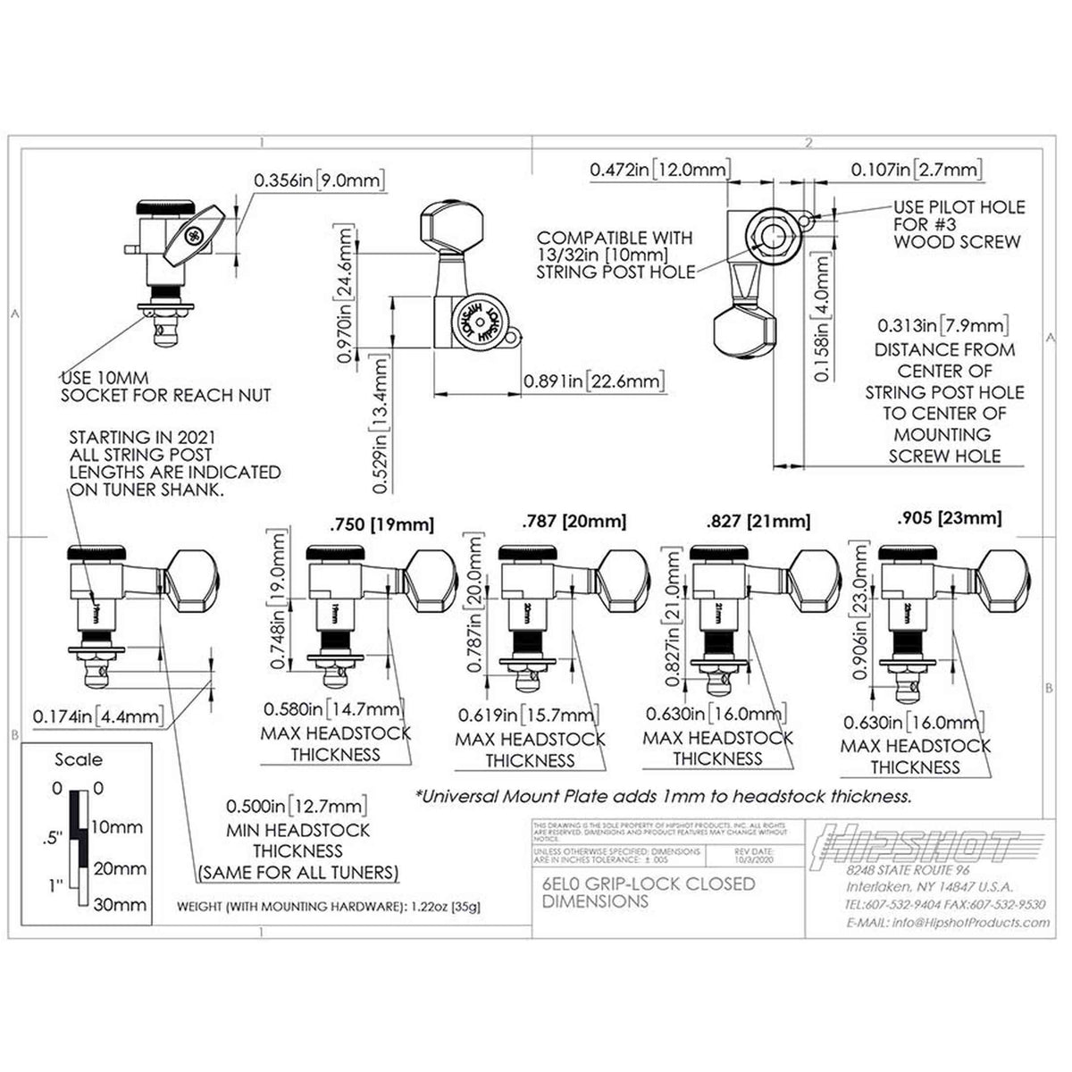 Hipshot HS6K2EL0S Gitaar tuner upgrade kit, 3 + 3 Grip-Lock, closed satin