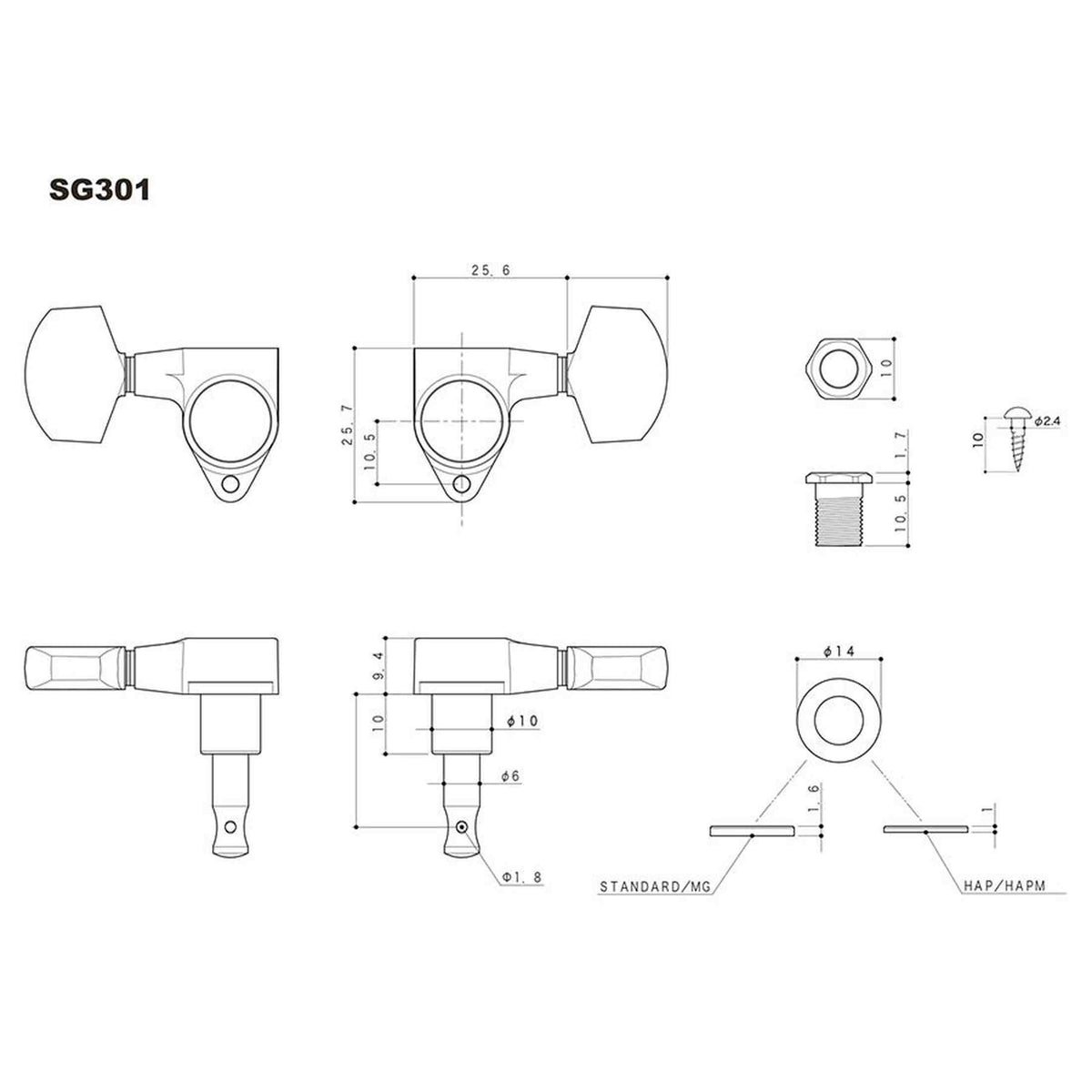 Gotoh GTH13318 SG301 stemmechanieken met 04 knoppen, 3L3R, chroom