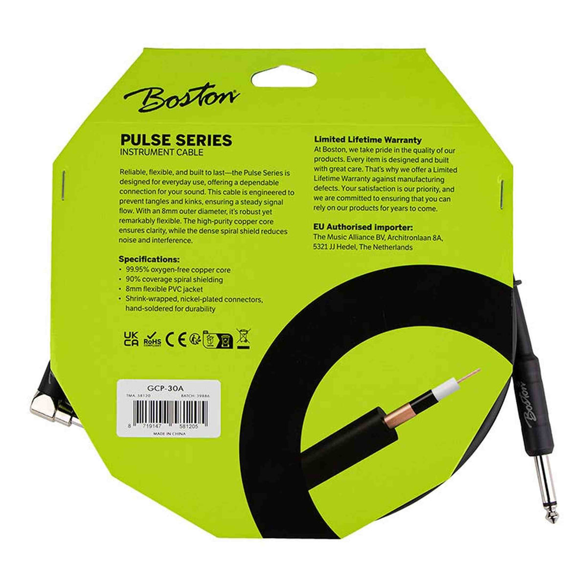 Boston GCP-30A Pulse Series instrumentkabel jack–haakse jack 3 meter