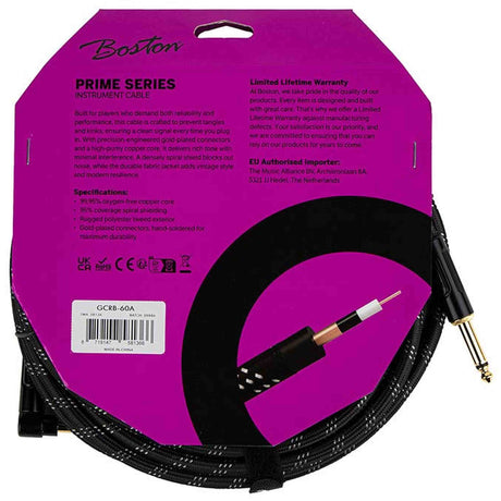 Boston GCRB-60A Prime Series woven jacket instrumentkabel jack–haakse jack 6 meter black tweed