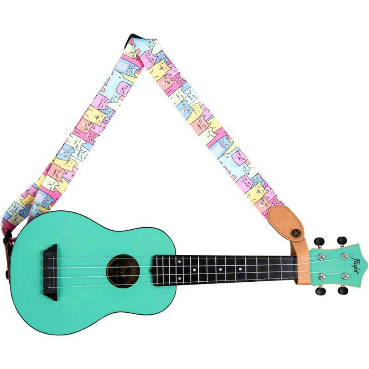 Flight S35 Kitty Ukulele Strap Poly/Leer met Kitty Design en Verstelbare Lengte