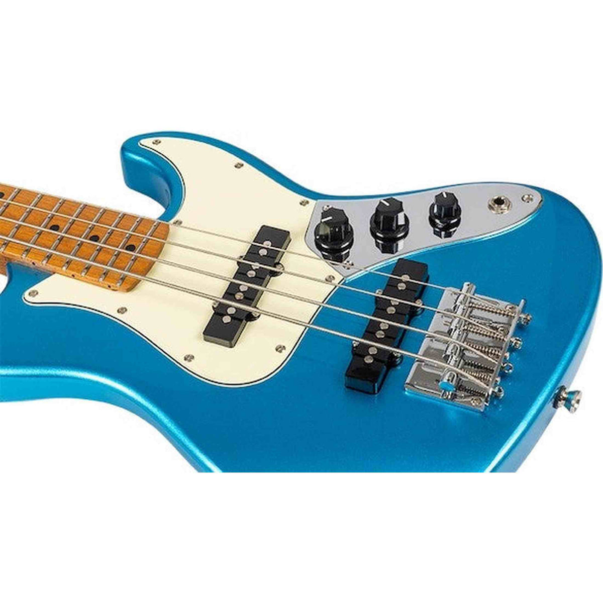 Flight Mini JB Bass LPB Elektrische Mini Bas Ukulele Metallic Blue met Dual Pickups en 584 mm Mensuur