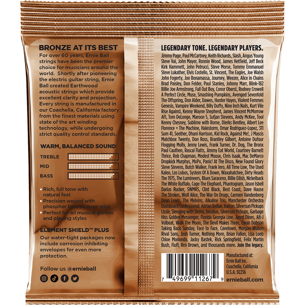 Ernie Ball 3544 Earthwood Fosforbrons Akoestische Gitaarsnaren Medium 13–56 3-Pack