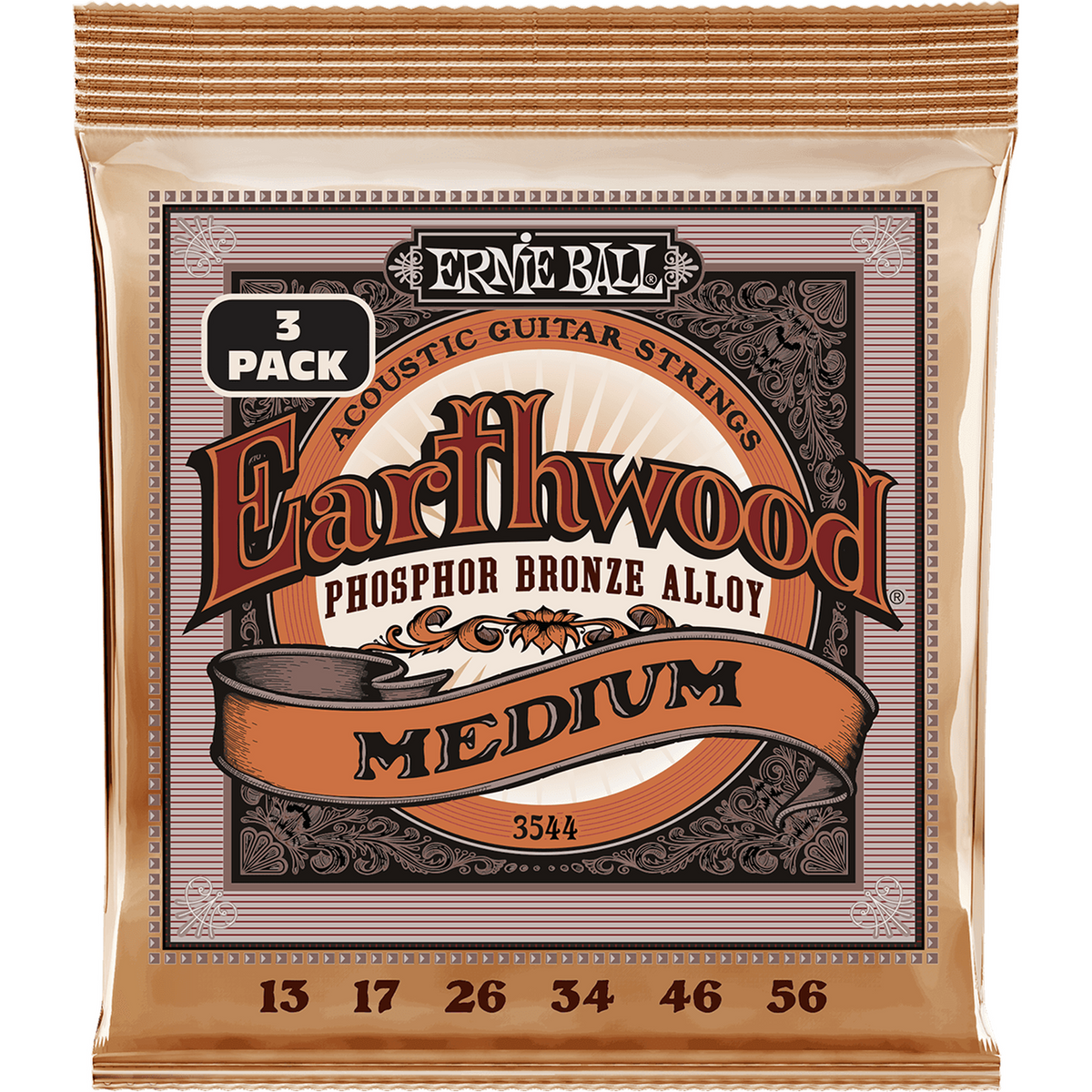 Ernie Ball 3544 Earthwood Fosforbrons Akoestische Gitaarsnaren Medium 13–56 3-Pack