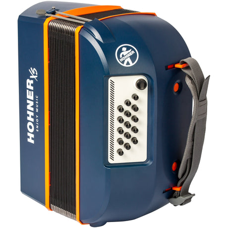 HOHNER A2901 XS Accordeon – 21 toetsen en 15 basssen, Blauw-Oranje, met gigbag en draagband voor kinderen
