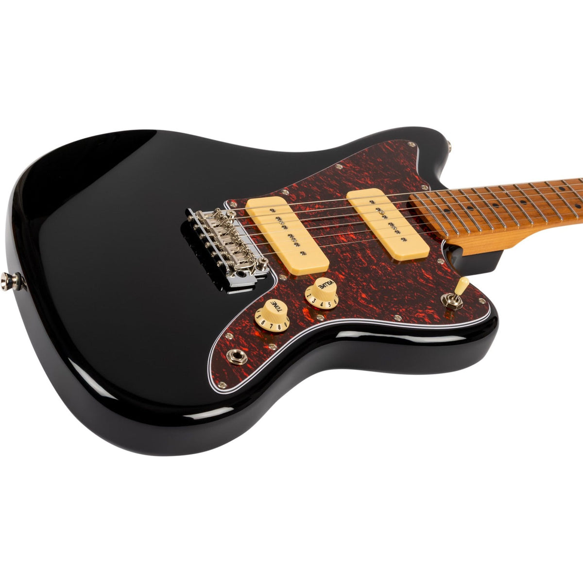 JET JJ-300 P90 BK Offset Elektrische Gitaar Dual P90 Tremolo Roasted Maple Zwart