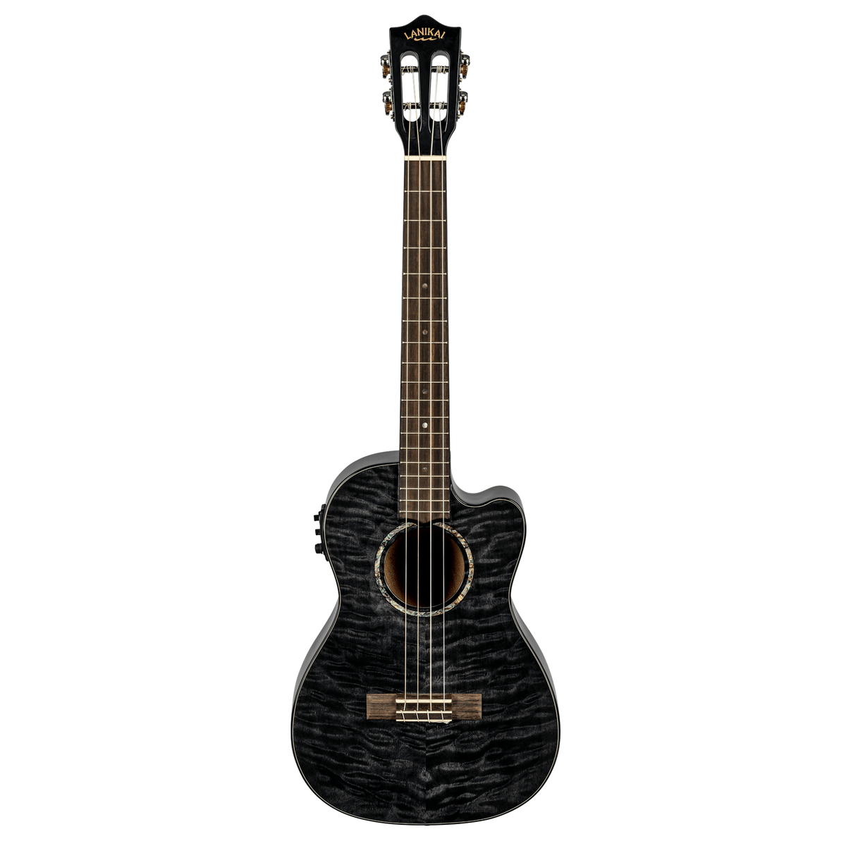LANIKAI LKUQMBKCEB Baritonukulele, Quilted Maple Series, zwart, Cutaway, Preamp,
