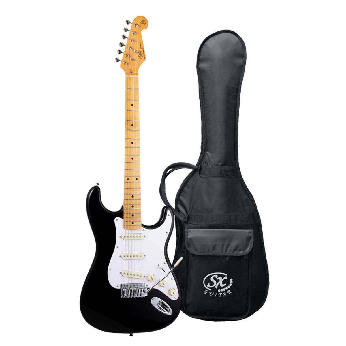 SX SST57-BK elektrische gitaar – 3 single coils, vintage tremolo, zwart + tas