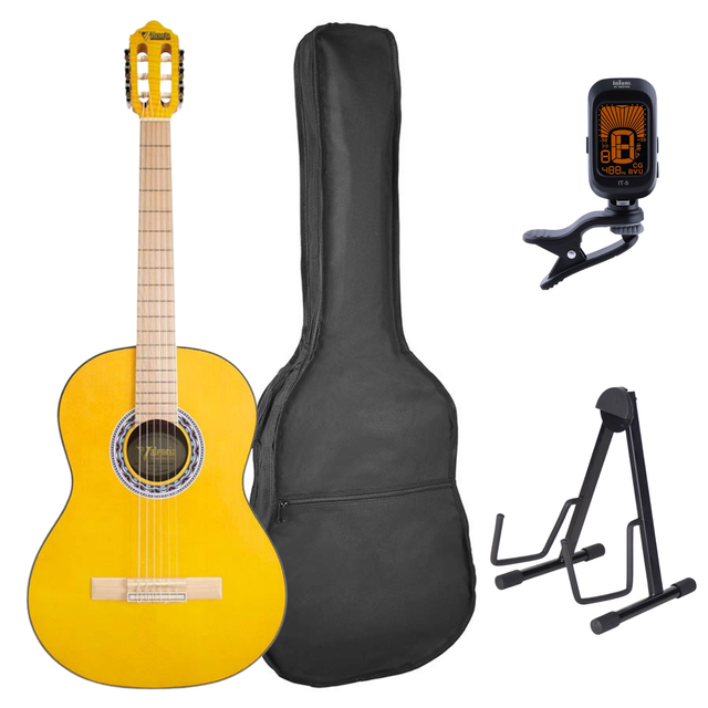 Valencia VC354HYW Klassieke Gitaar 4/4 – Sitka Spar & Mahonie, Geel, Inclusief Tas, Standaard en Stemapparaat